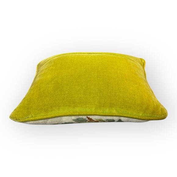 Bird Floral Needlepoint Throw Pillow 10x13” Yellow Velvet Cottagecore Vintage - Picture 4 of 5